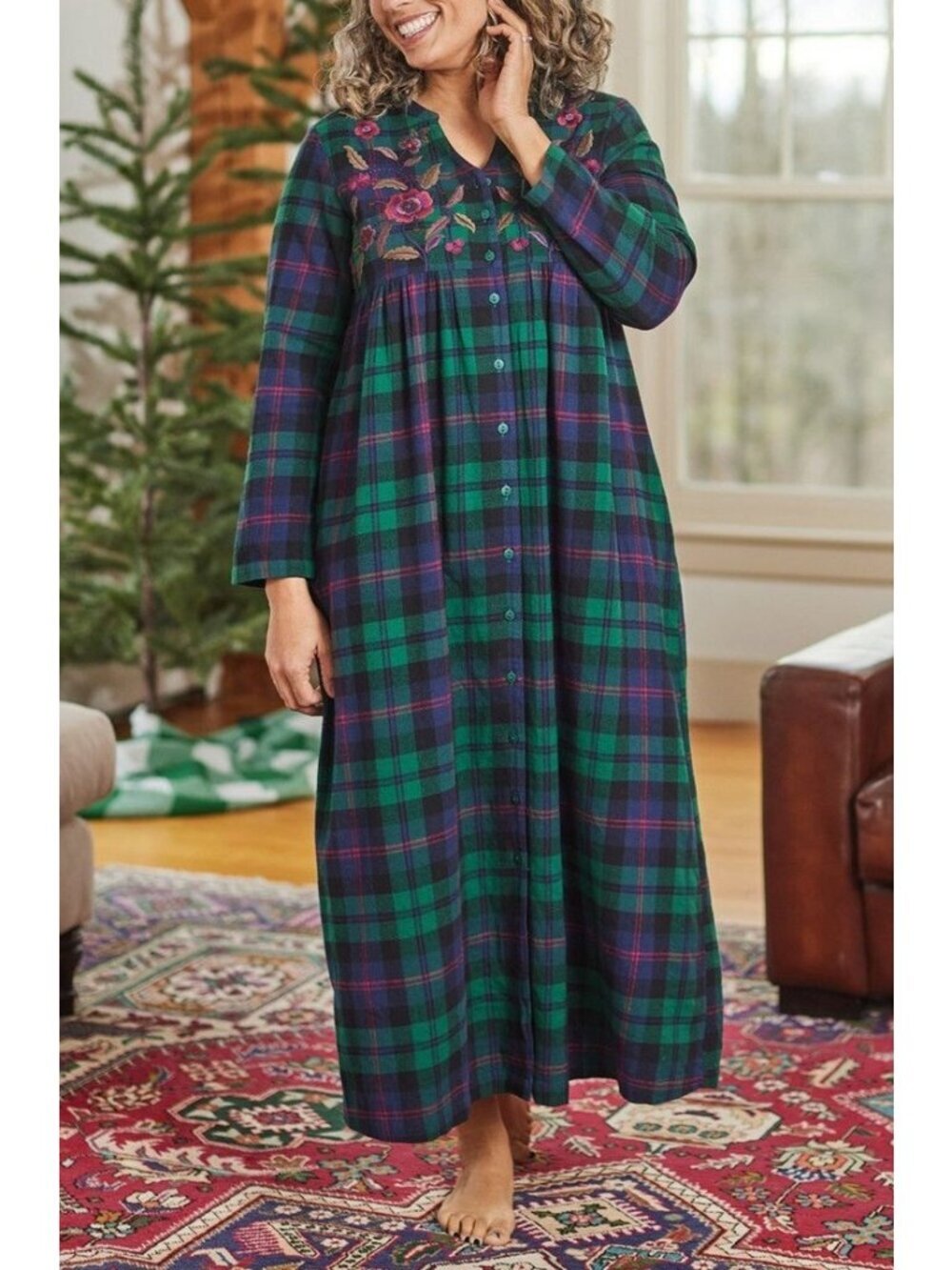 April Cornell Yuletide Nighty Green Plaid Embroidered Long Sleeve Maxi X-Large
